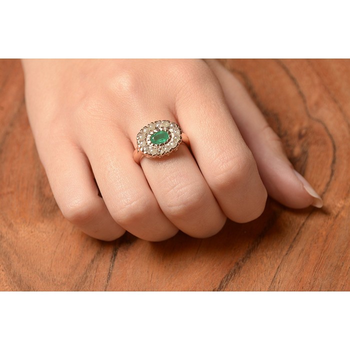 14 Kt Gold Emerald Oval Summer Flower With Rose Cut Diamonds Handmade